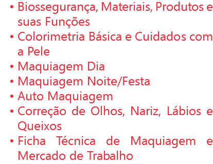 Biossegurança, Materiais, Produtos e suas Funções
Colorimetria Básica e Cuidados com a Pele
Maquiagem Dia
Maquiagem Noite/Festa
Auto Maquiagem
Correção de Olhos, Nariz, Lábios e Queixos
Ficha Técnica de Maquiagem e Mercado de Trabalho